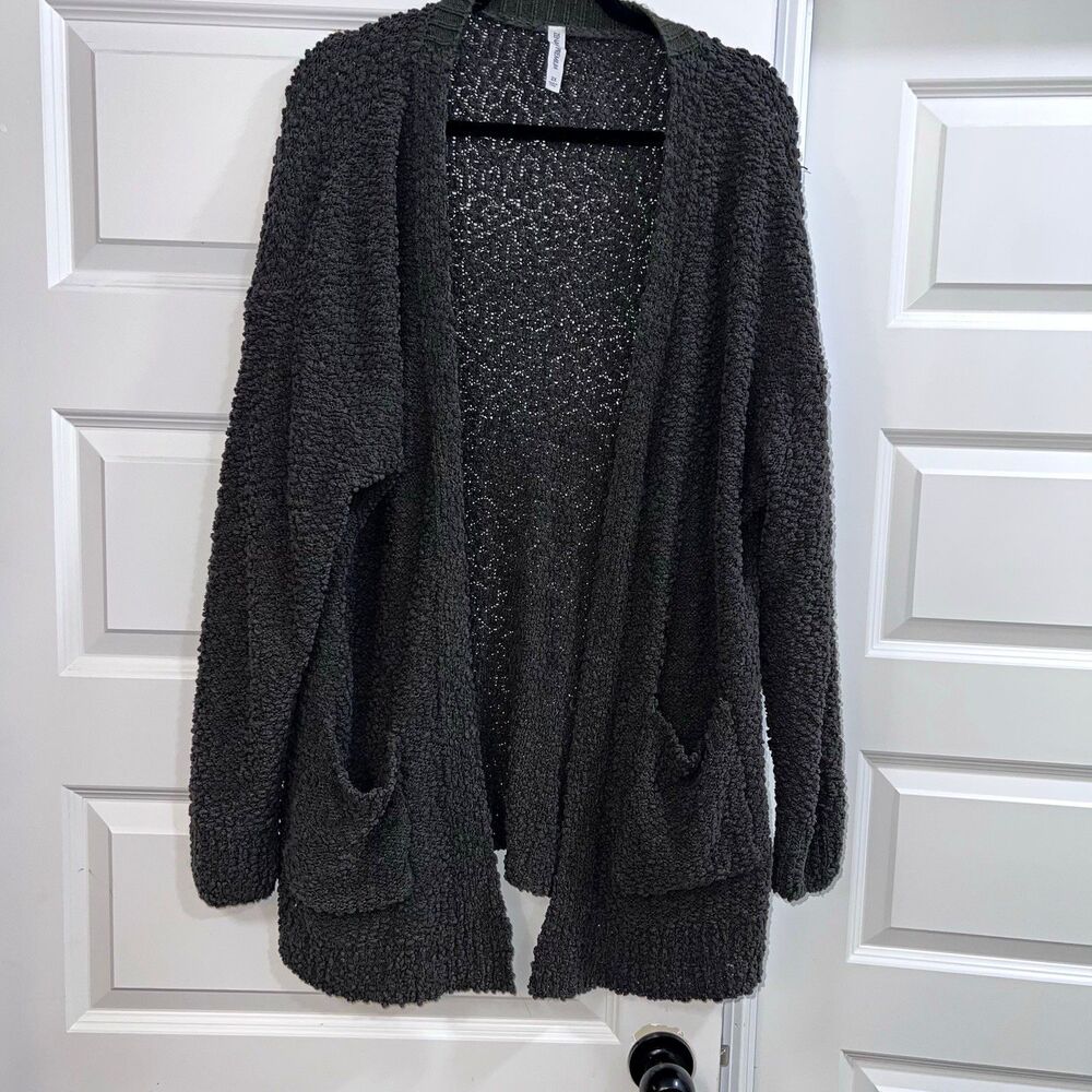 Zenana Premium Women’s Plus 2X Gray Open Front V-Neck Knit Cardigan Pockets